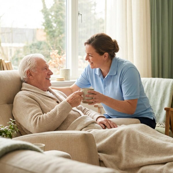 A caregiver gives a mug to a smiling senior man in a bright, modern home, conveying warmth and care.