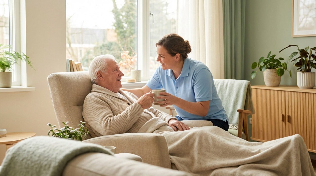 A caregiver gives a mug to a smiling senior man in a bright, modern home, conveying warmth and care.