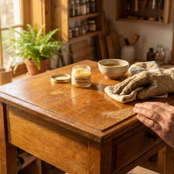 Close-up of hands applying beeswax polish to a worn oak bedside table in a warm, sunlit home workshop. Focus on natural care.