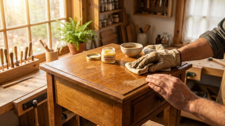 Close-up of hands applying beeswax polish to a worn oak bedside table in a warm, sunlit home workshop. Focus on natural care.