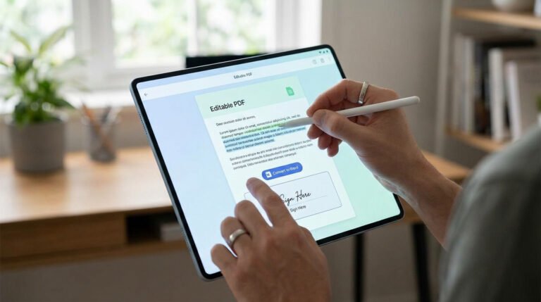 Main utilisant un stylet pour éditer un PDF sur une tablette, montrant des options de conversion et de signature.