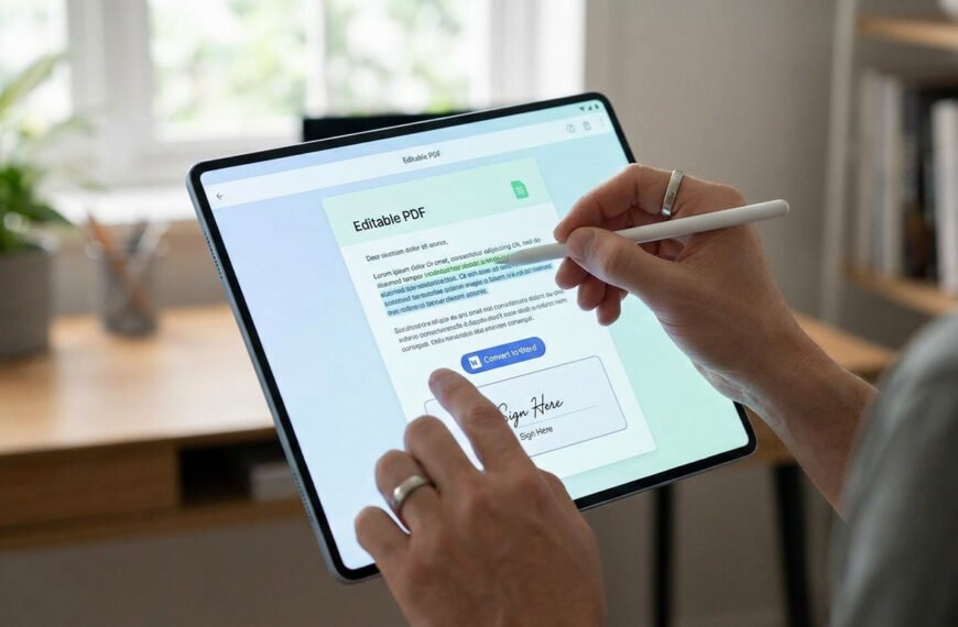 Main utilisant un stylet pour éditer un PDF sur une tablette, montrant des options de conversion et de signature.