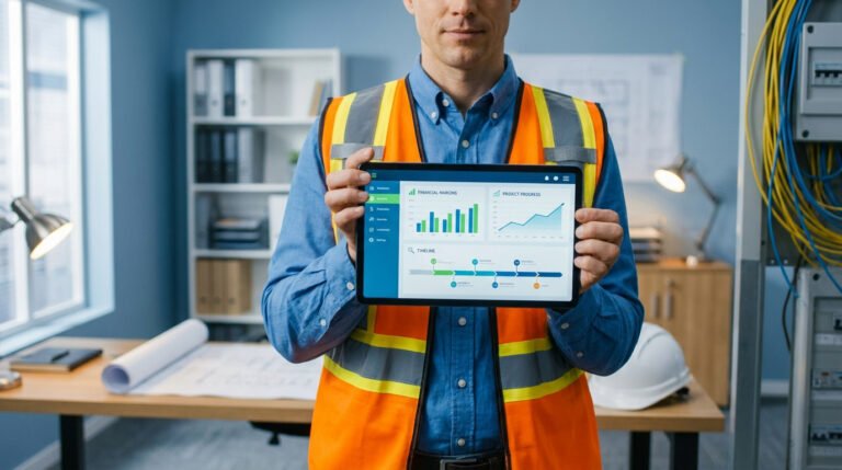 Électricien en gilet haute visibilité présentant un tableau de bord de suivi de projet sur tablette numérique.