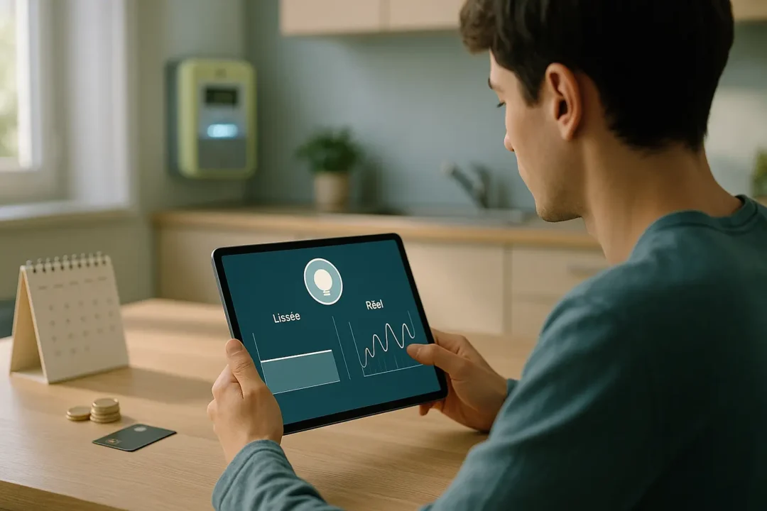 Une personne est assise à une table et tient une tablette affichant une icône de profil, deux options étiquetées et un graphique linéaire, dans une cuisine moderne.