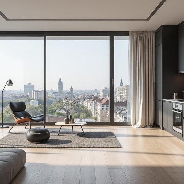 Salon et cuisine modernes avec des fenêtres allant du sol au plafond offrant une vue sur le paysage urbain, un mobilier minimaliste et une lumière naturelle sur un sol en bois clair.