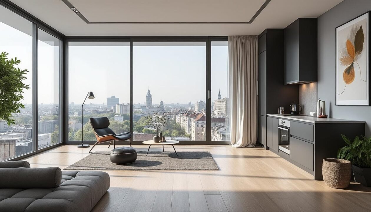 Salon et cuisine modernes avec des fenêtres allant du sol au plafond offrant une vue sur le paysage urbain, un mobilier minimaliste et une lumière naturelle sur un sol en bois clair.