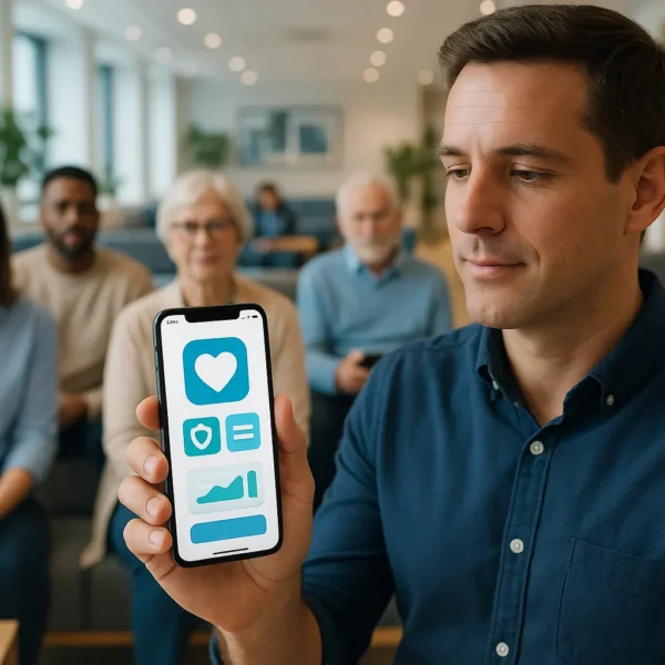 Un homme tient un smartphone affichant une application de santé ; plusieurs personnes sont assises à l'arrière plan dans une pièce moderne et bien éclairée.