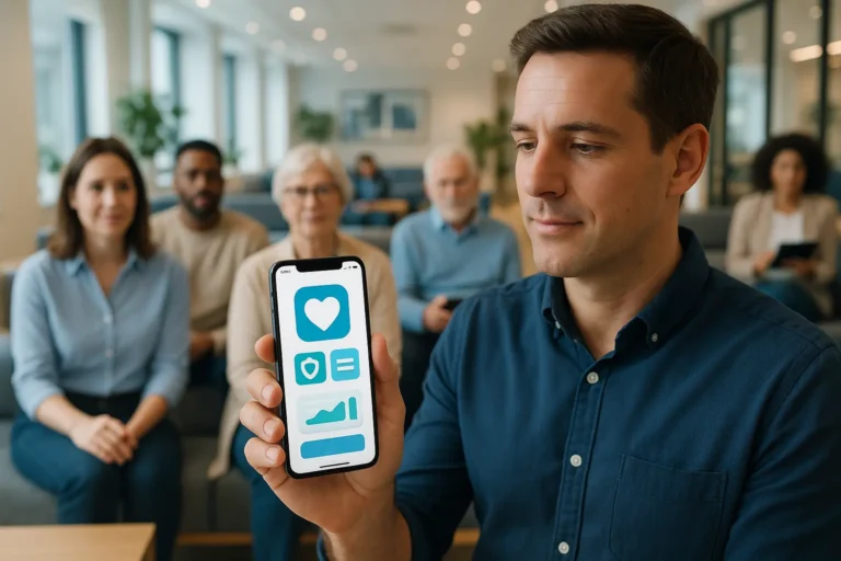 Un homme tient un smartphone affichant une application de santé ; plusieurs personnes sont assises à l'arrière plan dans une pièce moderne et bien éclairée.