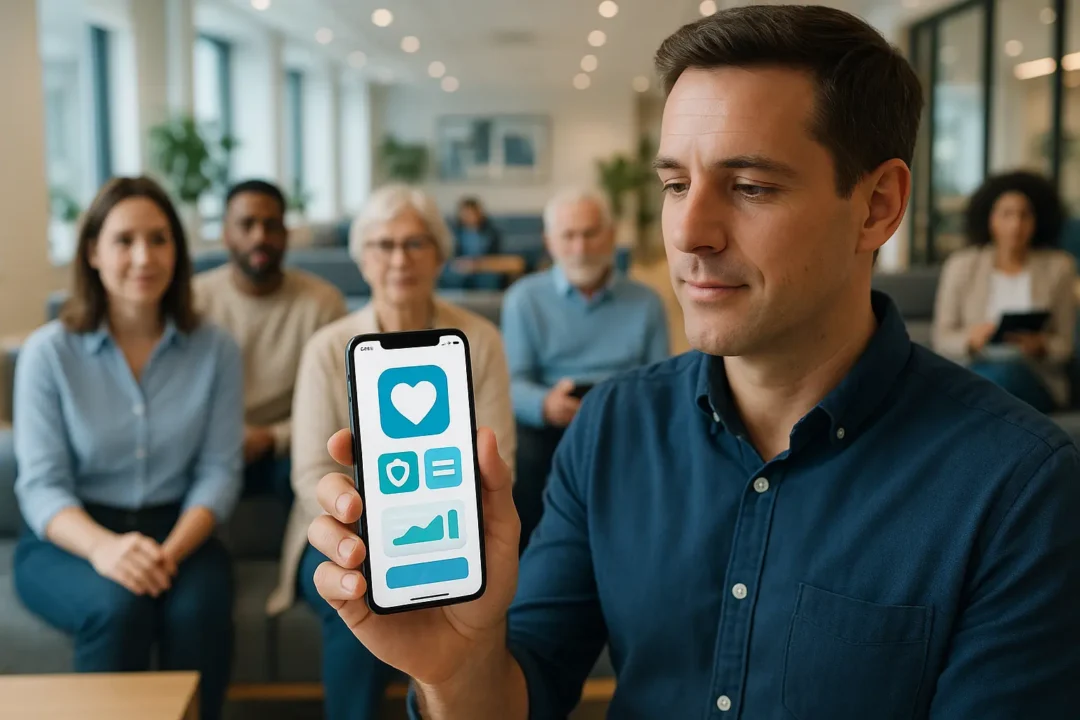 Un homme tient un smartphone affichant une application de santé ; plusieurs personnes sont assises à l'arrière plan dans une pièce moderne et bien éclairée.