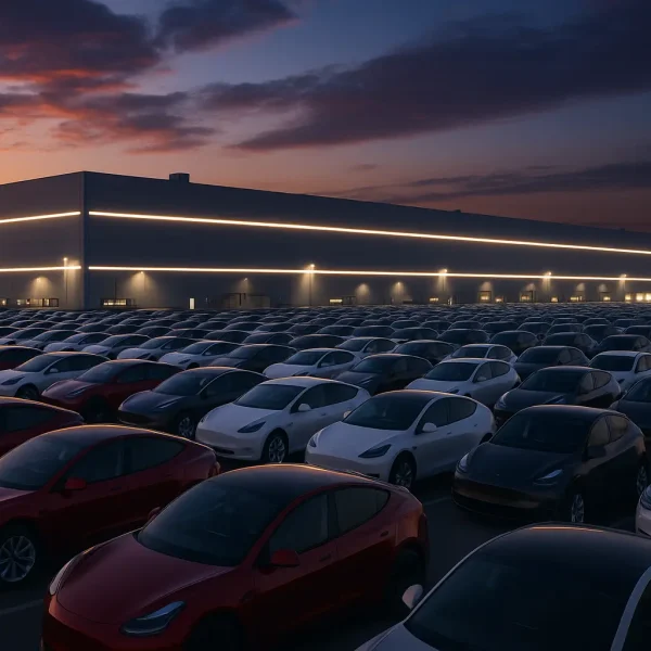 Des rangées de voitures garées sont alignées à l'extérieur d'un grand bâtiment industriel moderne au crépuscule, les lumières extérieures éclairant la structure.