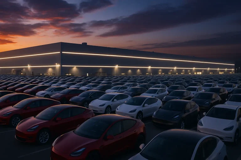 Des rangées de voitures garées sont alignées à l'extérieur d'un grand bâtiment industriel moderne au crépuscule, les lumières extérieures éclairant la structure.