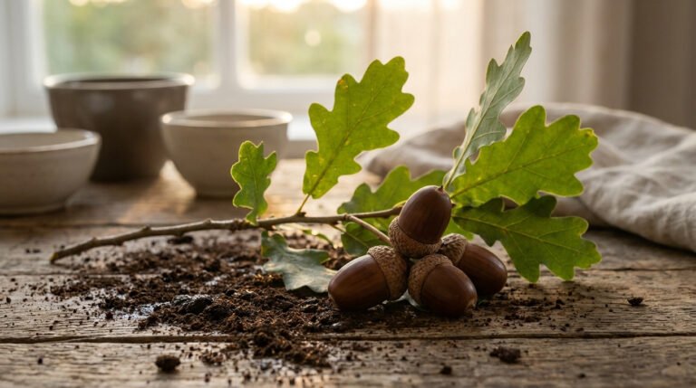 Une branche de chêne avec des feuilles vertes et des glands bruns, posée sur une table en bois rustique avec de la terre. Bols en arrière-plan.