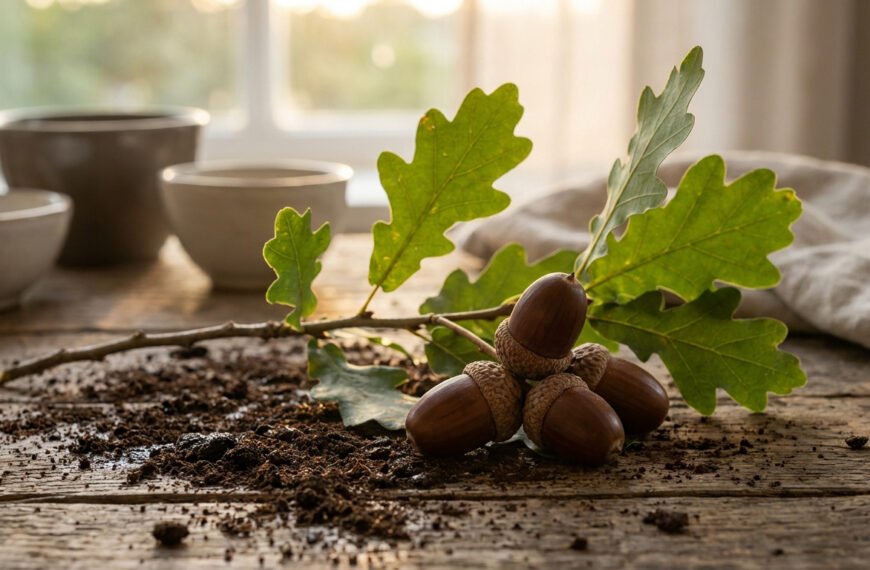 Une branche de chêne avec des feuilles vertes et des glands bruns, posée sur une table en bois rustique avec de la terre. Bols en arrière-plan.