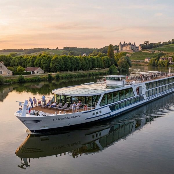 Elegant "L'ESPRIT DE FRANCE" river cruise boat on a French river at golden hour. Passengers relax, surrounded by vineyards and a distant château.