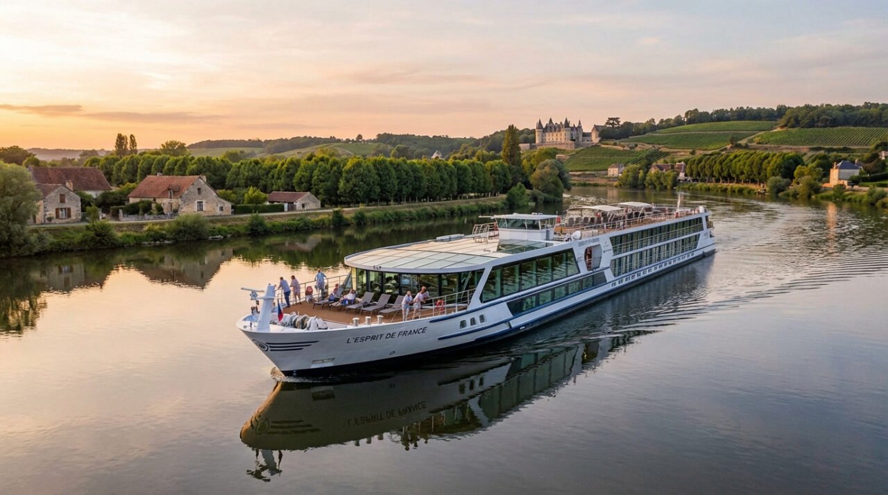 Elegant "L'ESPRIT DE FRANCE" river cruise boat on a French river at golden hour. Passengers relax, surrounded by vineyards and a distant château.