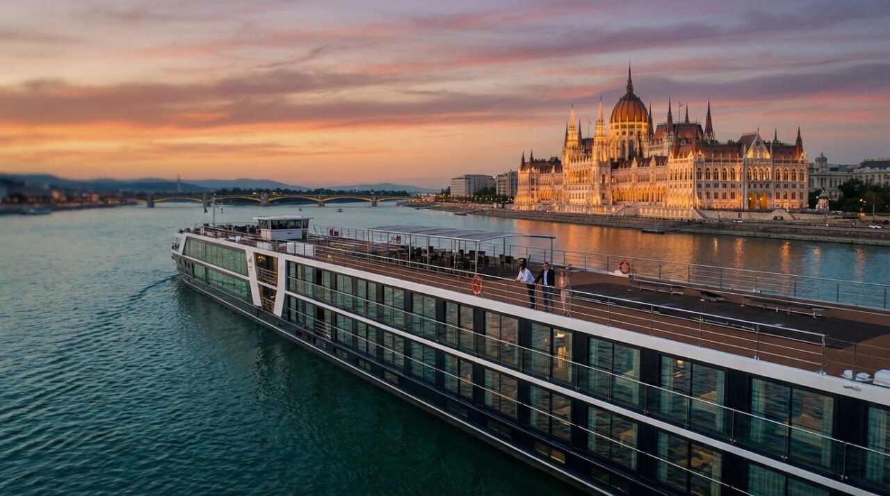 Modern river cruise ship on Danube at golden hour, Budapest Parliament illuminated. Passengers enjoy panoramic city views.