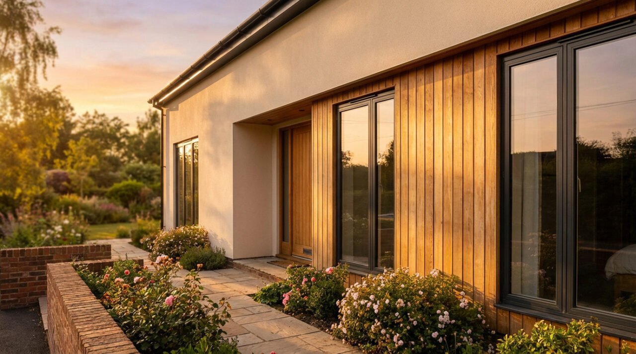 Modern home facade blending neutral render and elegant wood cladding, with dark-framed windows, bathed in warm golden hour light. A serene garden and stone path lead to the entrance.