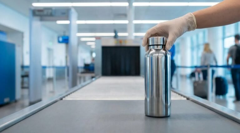 Une main gantée place une bouteille d'eau en acier inoxydable sur le tapis roulant de sécurité d'un aéroport, près d'un détecteur de métaux.