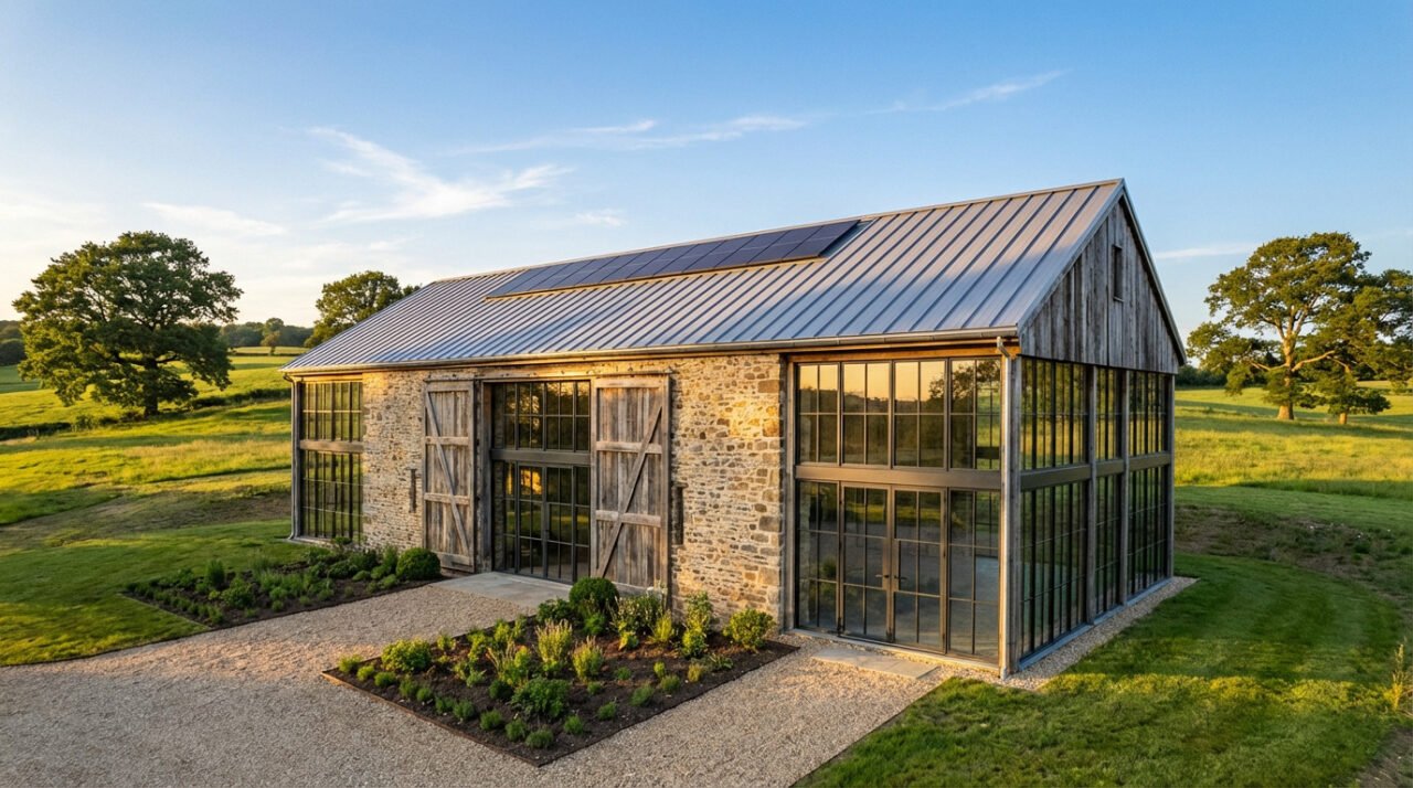 Grange rénovée en pierre avec grandes fenêtres modernes, toit métallique et panneaux solaires, entourée de champs verts au coucher du soleil.