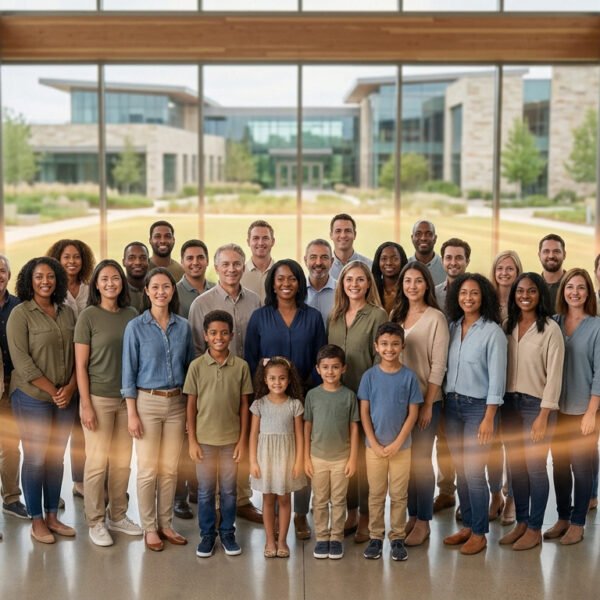 Grand groupe diversifié d'adultes et d'enfants souriants, debout dans un hall vitré moderne avec des lueurs dorées.