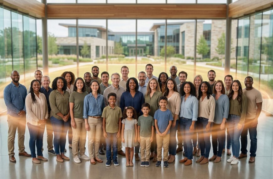Grand groupe diversifié d'adultes et d'enfants souriants, debout dans un hall vitré moderne avec des lueurs dorées.