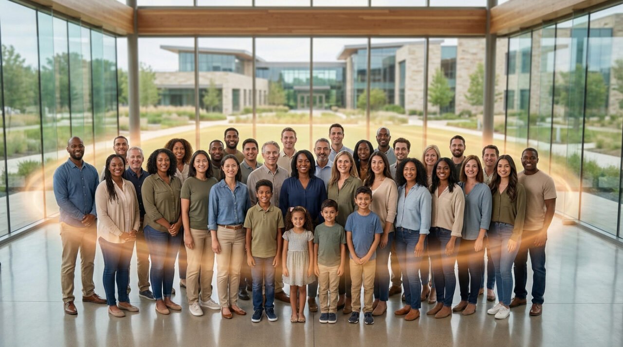 Grand groupe diversifié d'adultes et d'enfants souriants, debout dans un hall vitré moderne avec des lueurs dorées.
