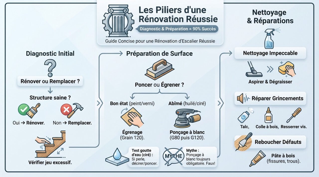Inspection minutieuse des marches d'un escalier en bois avant rénovation