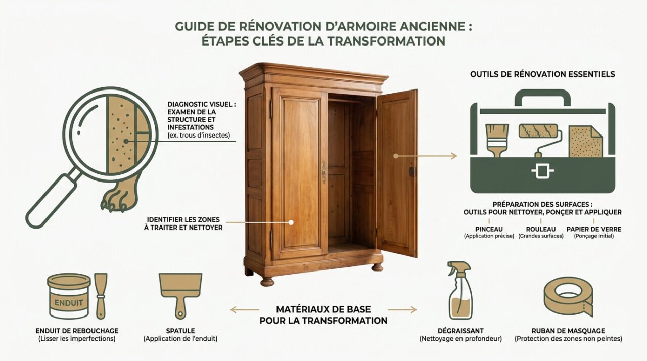 étapes de rénovation d'une armoire ancienne en bois vernis