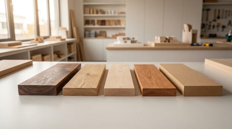 Échantillons de bois variés (noyer, chêne, érable, cerisier, MDF) sur table dans un atelier de menuiserie lumineux.