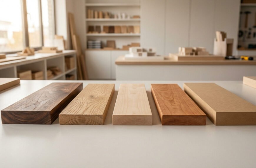 Échantillons de bois variés (noyer, chêne, érable, cerisier, MDF) sur table dans un atelier de menuiserie lumineux.
