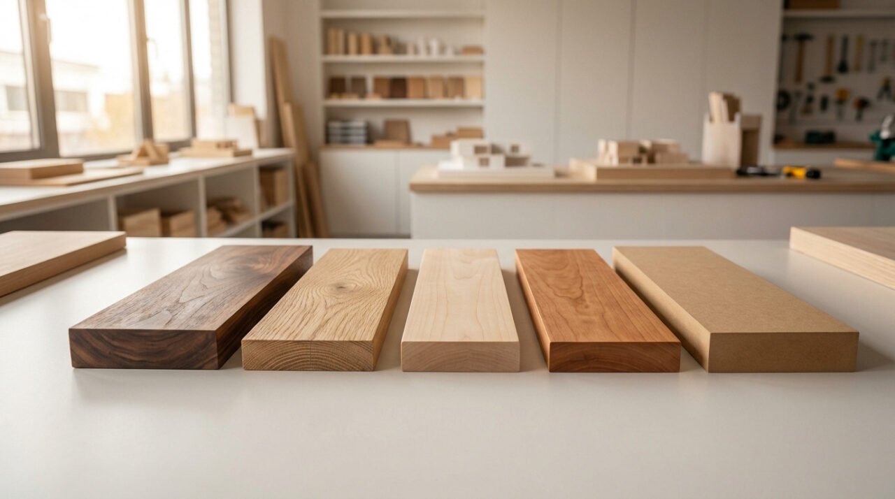 Échantillons de bois variés (noyer, chêne, érable, cerisier, MDF) sur table dans un atelier de menuiserie lumineux.