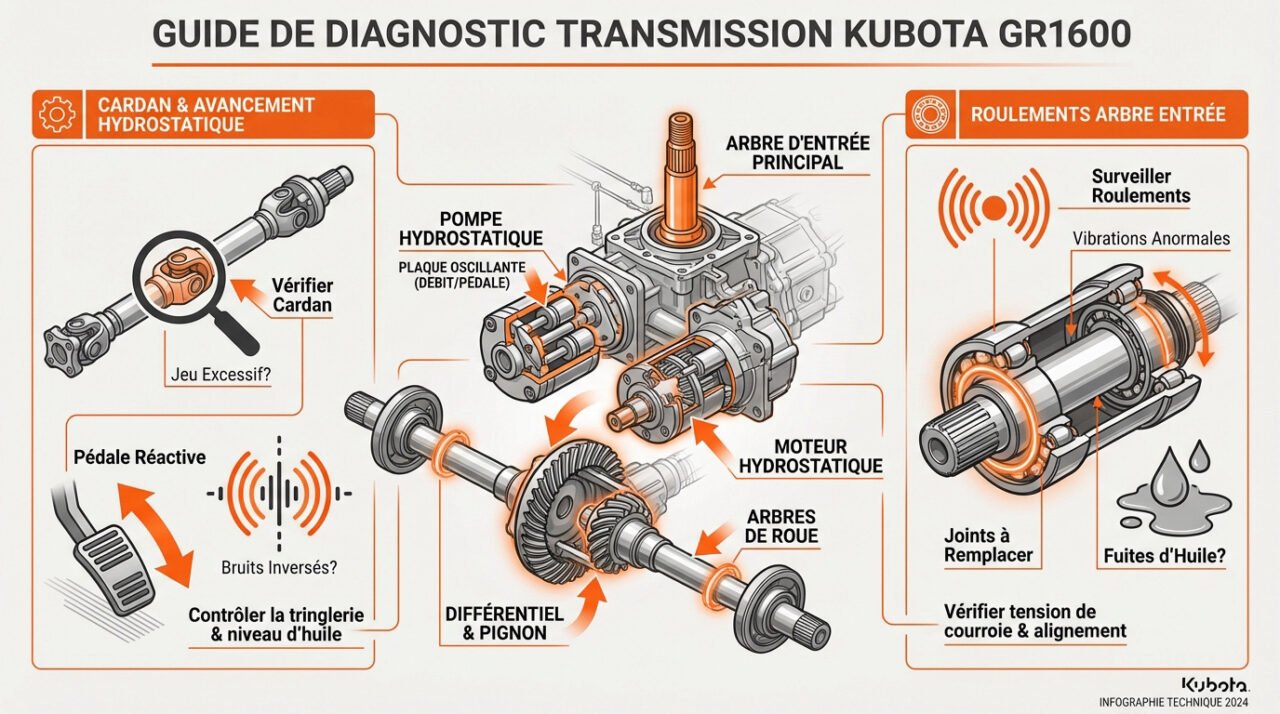 Diagnostic des composants de transmission d'un tracteur Kubota GR1600