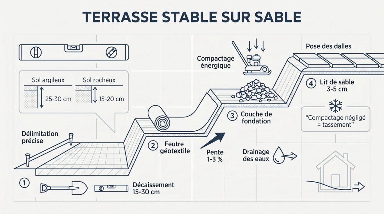 Schéma technique de la pose de dalles sur lit de sable avec couches de fondation