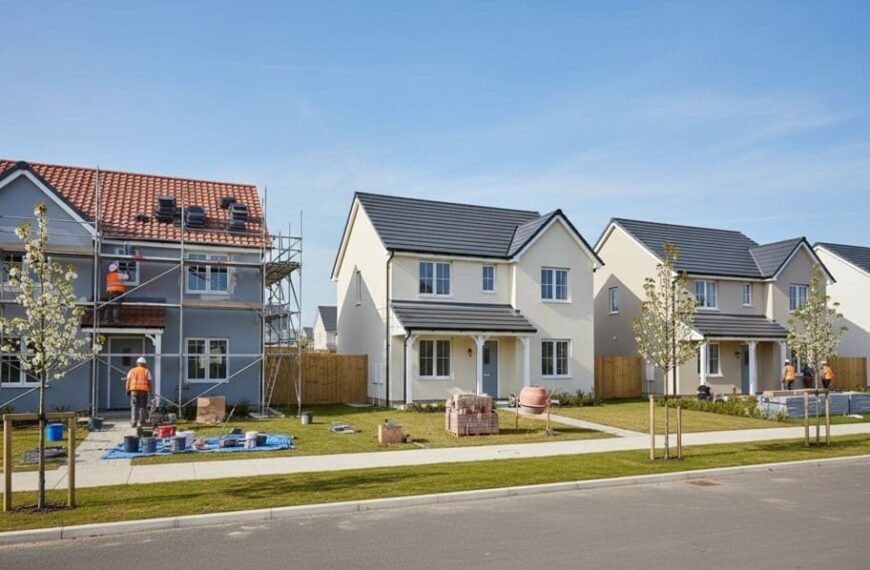 Rangée de maisons de banlieue modernes, avec des ouvriers du bâtiment et des échafaudages sur la première maison, et des matériaux de construction sur l'herbe.