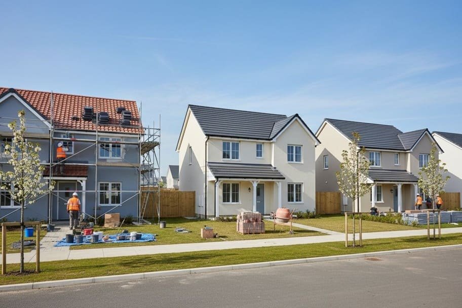 Rangée de maisons de banlieue modernes, avec des ouvriers du bâtiment et des échafaudages sur la première maison, et des matériaux de construction sur l'herbe.
