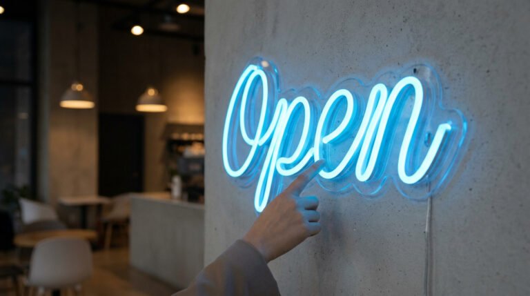 Une personne pointe du doigt un néon bleu "Ouvert" fixé sur un mur à l'intérieur d'un café moderne faiblement éclairé.