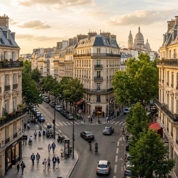 Une rue de Paris avec des voitures et des piétons, des immeubles haussmanniens classiques de part et d'autre, et la basilique du Sacré-Cœur visible en arrière-plan au coucher du soleil.