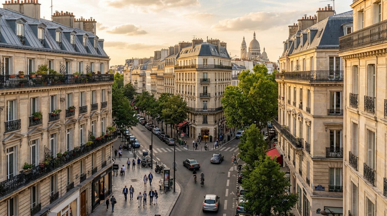 Une rue de Paris avec des voitures et des piétons, des immeubles haussmanniens classiques de part et d'autre, et la basilique du Sacré-Cœur visible en arrière-plan au coucher du soleil.