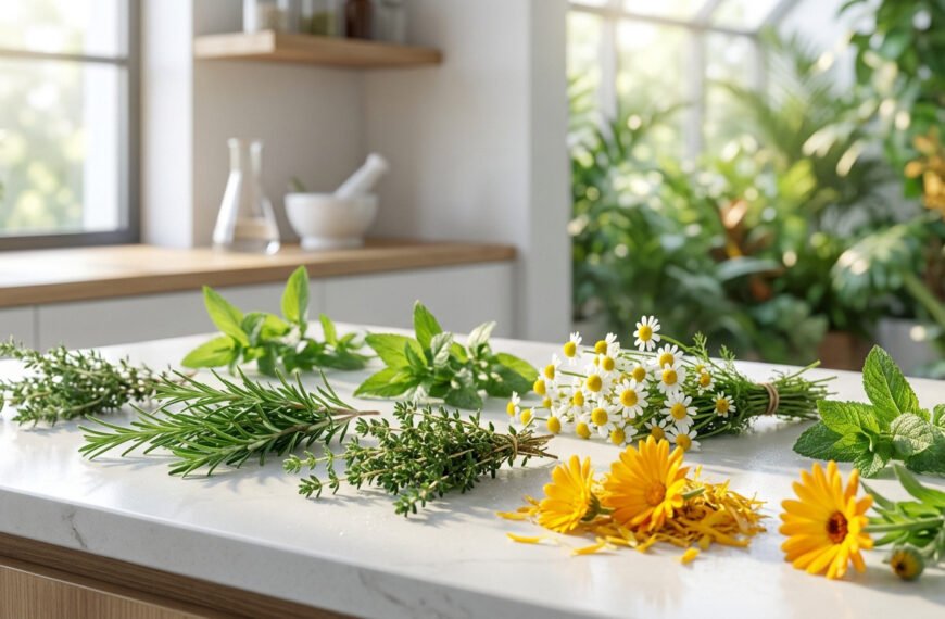 Variété d'herbes et de fleurs fraîches (romarin, thym, camomille, calendula, menthe) sur un comptoir de cuisine lumineux avec un mortier et pilon en arrière-plan.