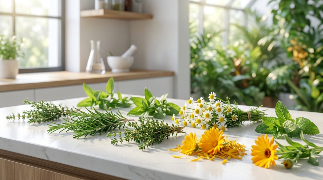 Variété d'herbes et de fleurs fraîches (romarin, thym, camomille, calendula, menthe) sur un comptoir de cuisine lumineux avec un mortier et pilon en arrière-plan.