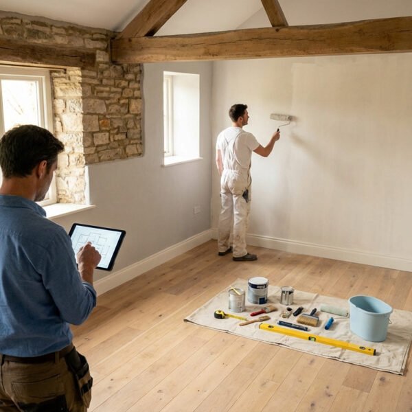Interior renovation: Man planning on tablet, another painting. Room blends old stone/beams with new walls/floor. Tools on cloth.