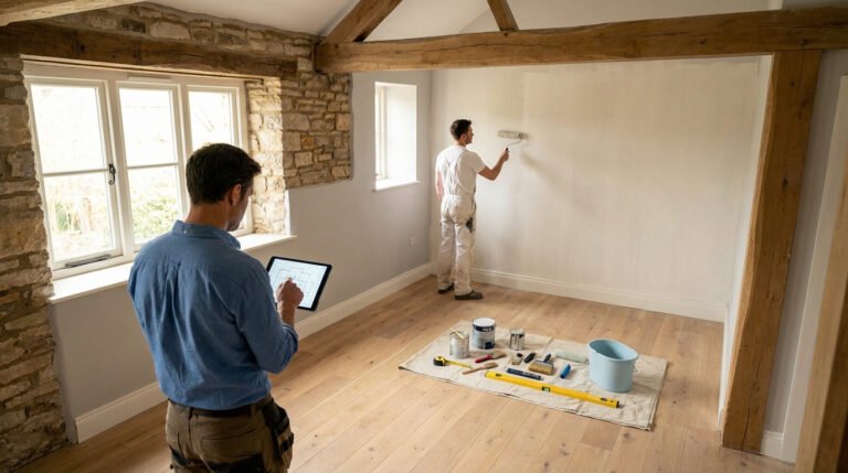 Interior renovation: Man planning on tablet, another painting. Room blends old stone/beams with new walls/floor. Tools on cloth.