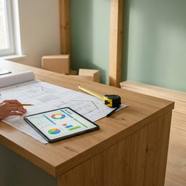 Person planning home renovation on a wooden counter with blueprints, budget tablet, and measuring tape. Green wall and materials visible.