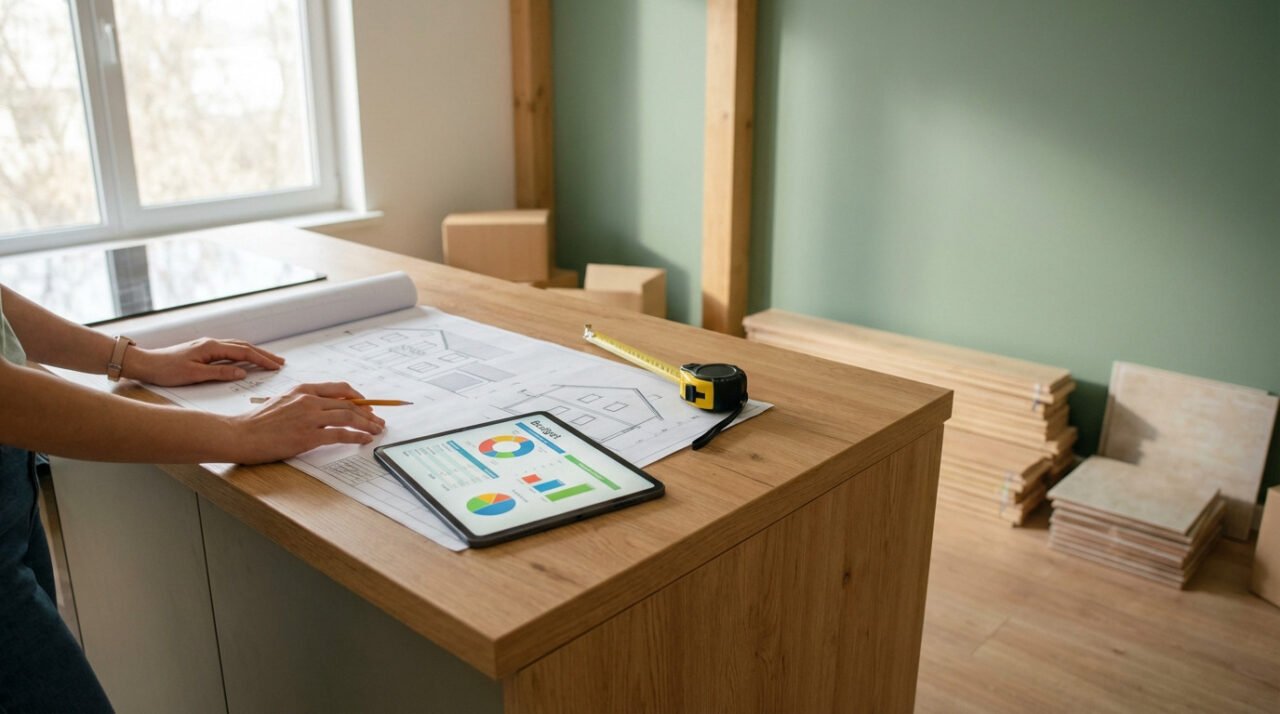 Person planning home renovation on a wooden counter with blueprints, budget tablet, and measuring tape. Green wall and materials visible.