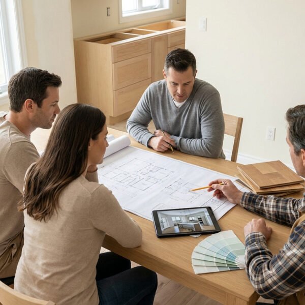 Couple and contractor review architectural plans, design concepts on a tablet, and material samples for a home renovation.