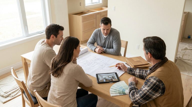 Couple and contractor review architectural plans, design concepts on a tablet, and material samples for a home renovation.