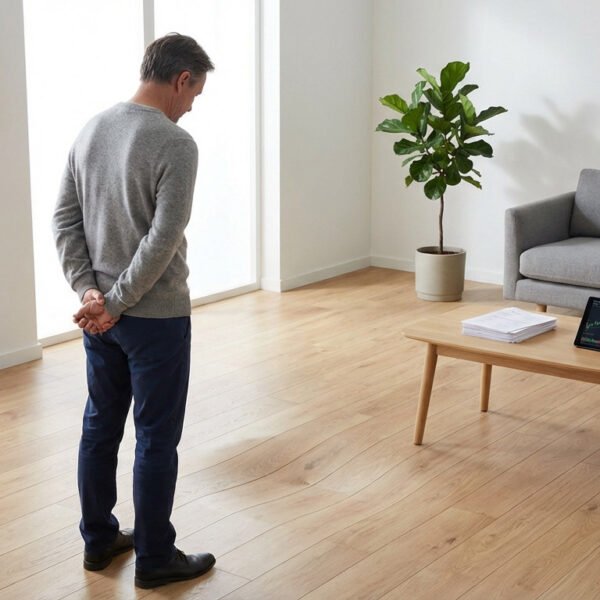 Man looking at a subtly sagging wooden floor in a modern living room. Documents and a tablet with a graph are on the table.