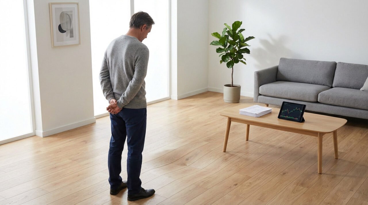Man looking at a subtly sagging wooden floor in a modern living room. Documents and a tablet with a graph are on the table.