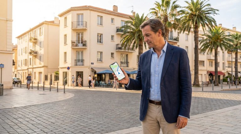 Homme élégant naviguant avec son smartphone sur une carte GPS dans une rue pavée de Cannes avec bâtiments clairs et palmiers.