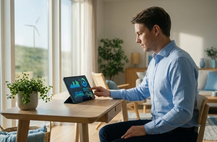 Un homme consulte des graphiques de consommation d'énergie sur une tablette devant une fenêtre avec une éolienne.